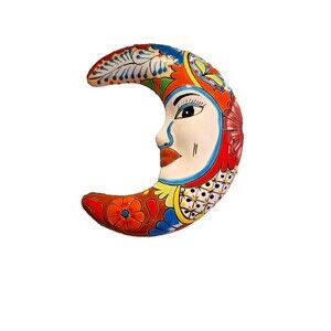 Talavera Mexican Pottery‎ (Luna) Hanging Red Crescent Moon Face 11 inches